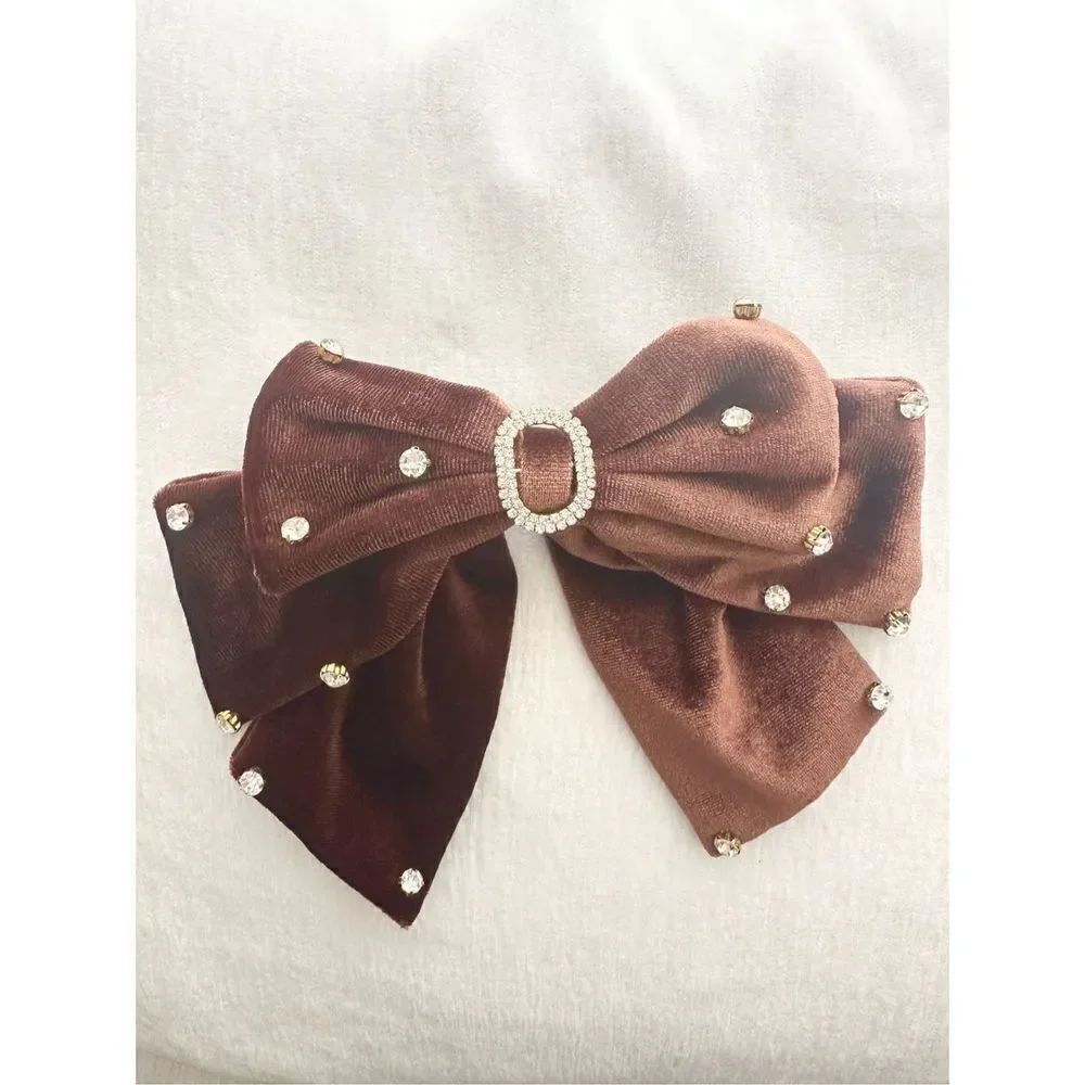 Brown velvet rhinestone bow with clip